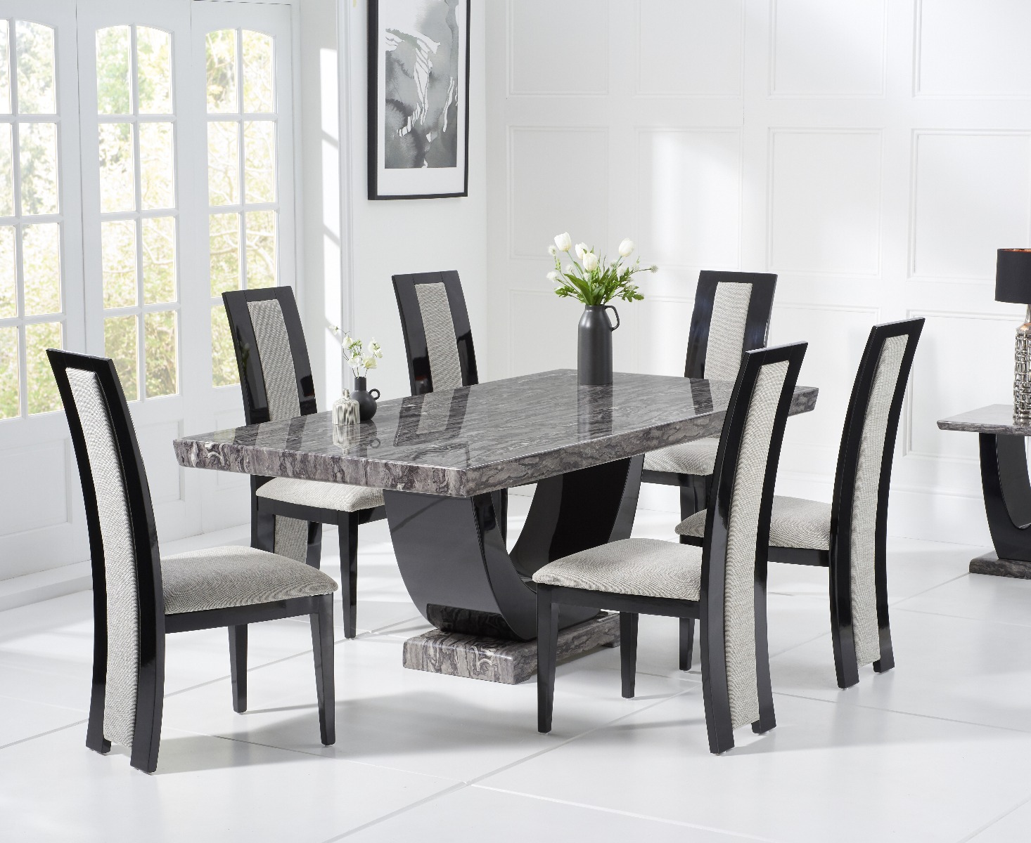Product photograph of Novara 200cm Dark Grey Pedestal Marble Dining Table With 12 Brown Novara Chairs from Oak Furniture Superstore
