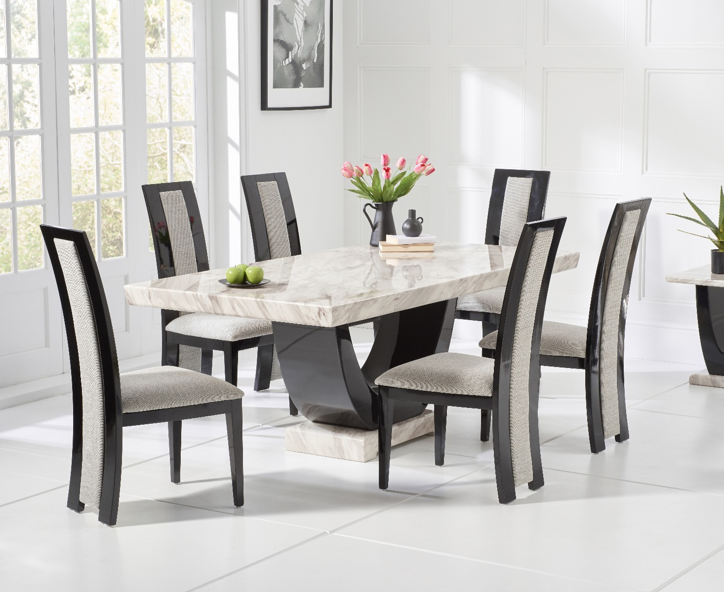 Product photograph of Raphael 170cm Cream And Black Pedestal Marble Dining Table With 4 Black Novara Chairs from Oak Furniture Superstore