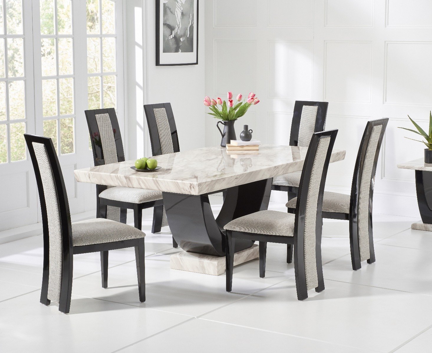 raphael 170cm cream and black pedestal marble dining table with raphael  chairs