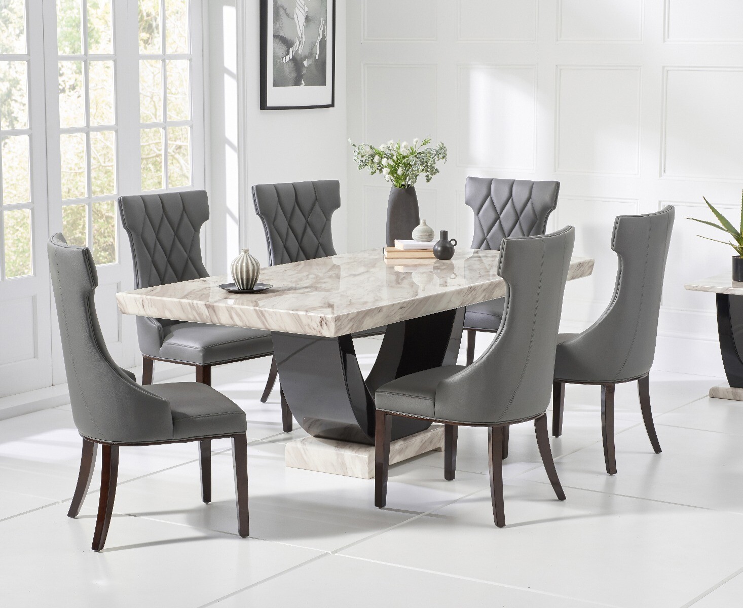 Product photograph of Raphael 170cm Cream And Black Pedestal Marble Dining Table With 4 Grey Sophia Chairs from Oak Furniture Superstore