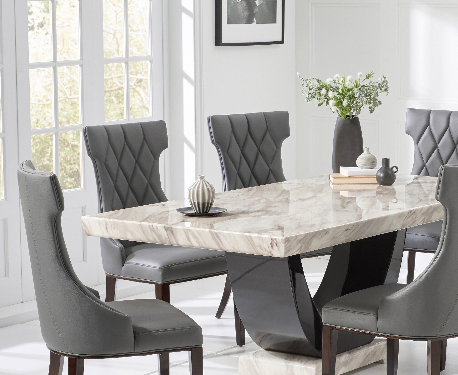 Photo 1 of Raphael 170cm cream and black pedestal marble dining table with 4 grey sophia chairs