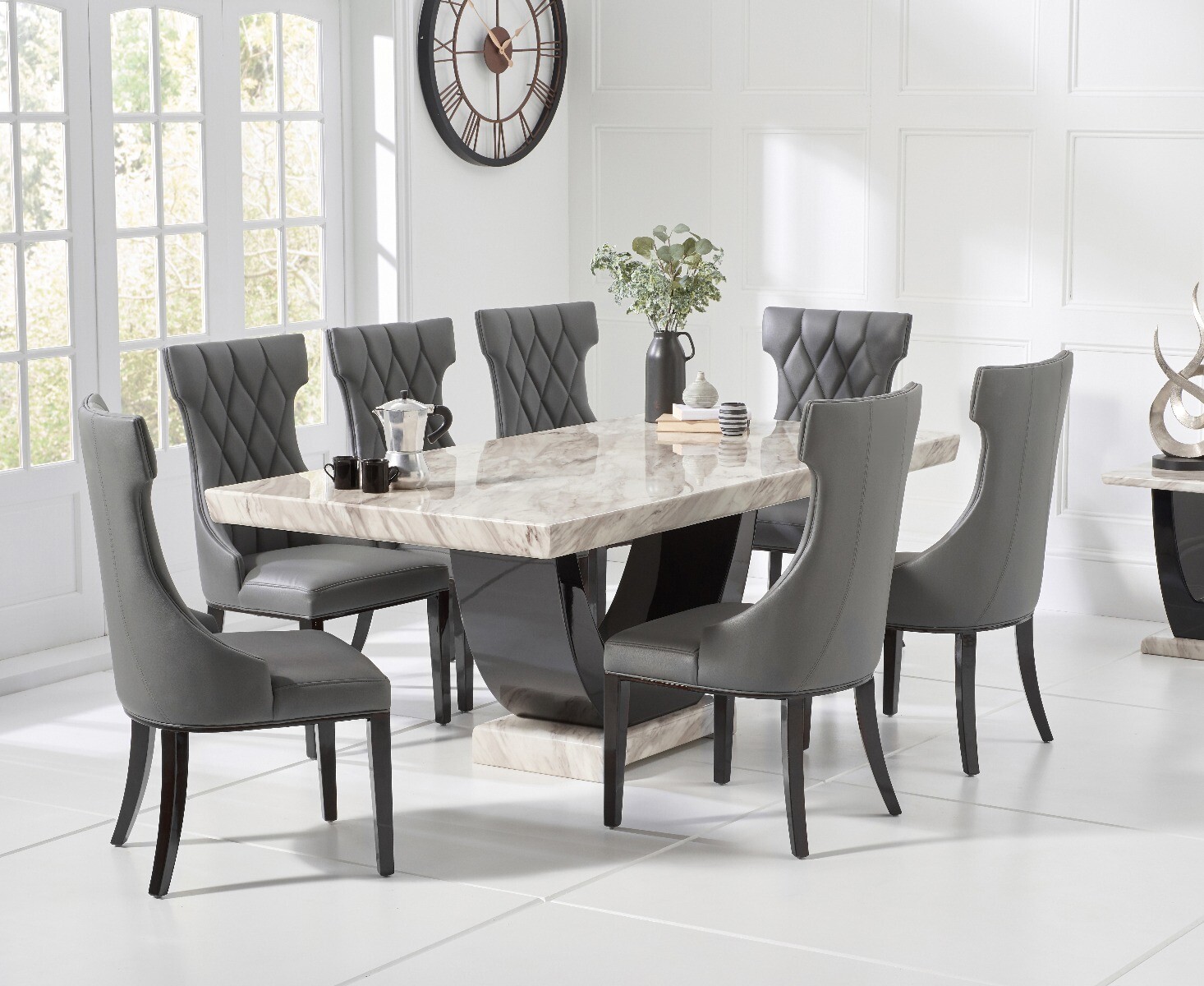 Product photograph of Raphael 200cm Cream And Black Pedestal Marble Dining Table With 6 Grey Sophia Chairs from Oak Furniture Superstore