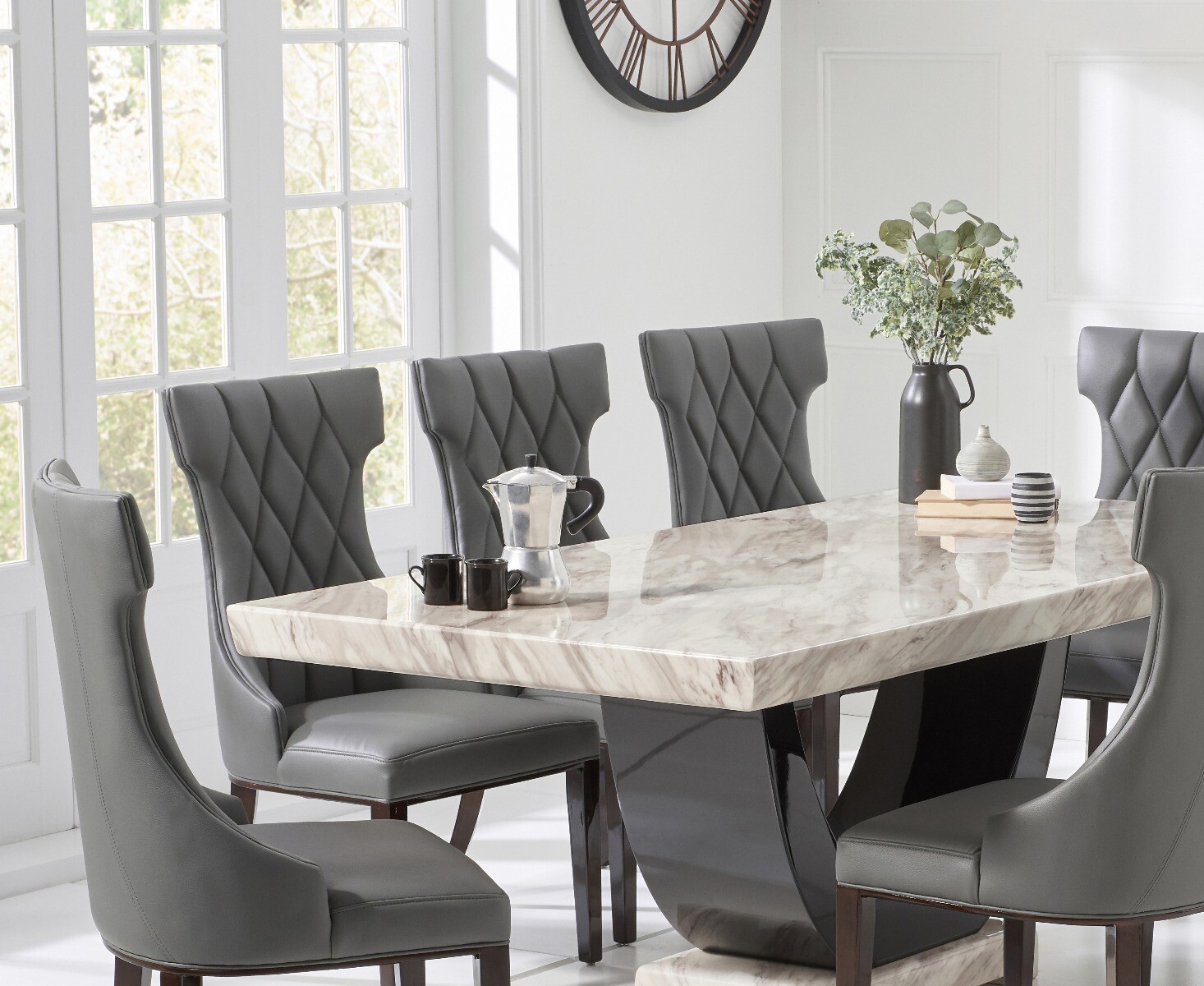 Photo 1 of Raphael 200cm cream and black pedestal marble dining table with 6 grey sophia chairs