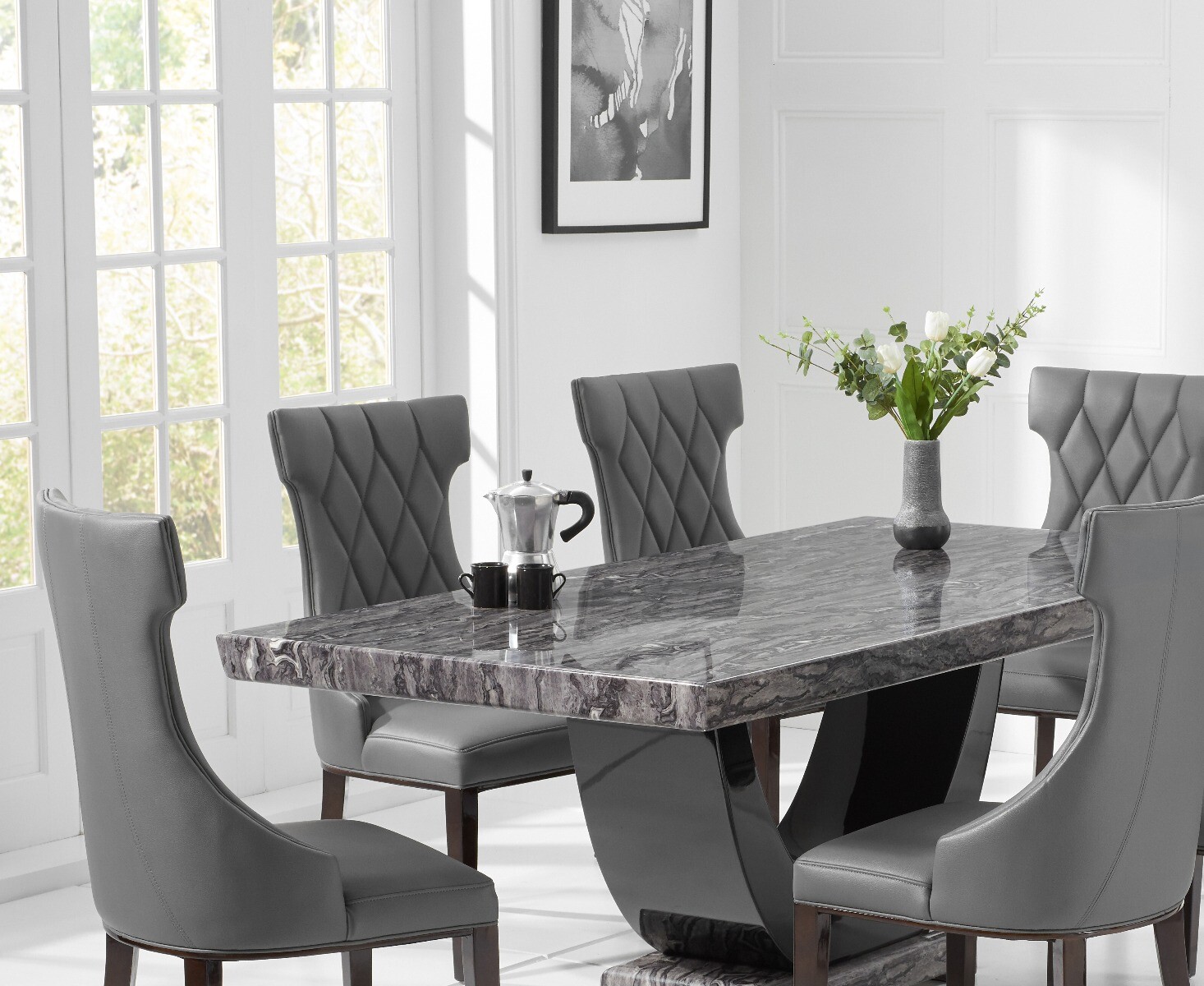 Photo 1 of Raphael 170cm dark grey pedestal marble dining table with 4 grey sophia chairs