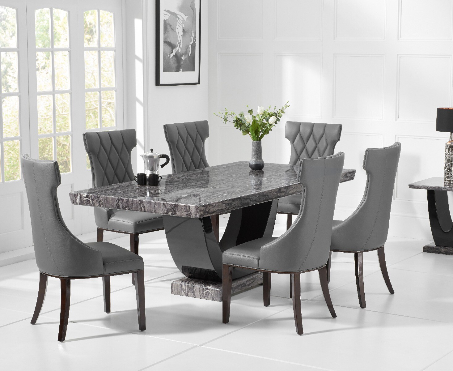 Product photograph of Raphael 170cm Dark Grey Pedestal Marble Dining Table With 4 Grey Sophia Chairs from Oak Furniture Superstore