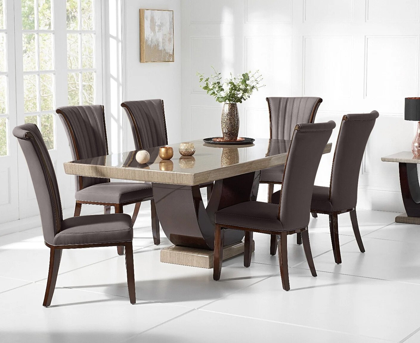Novara 170cm Brown Pedestal Marble Dining Table With 6 Cream Lorient Chairs