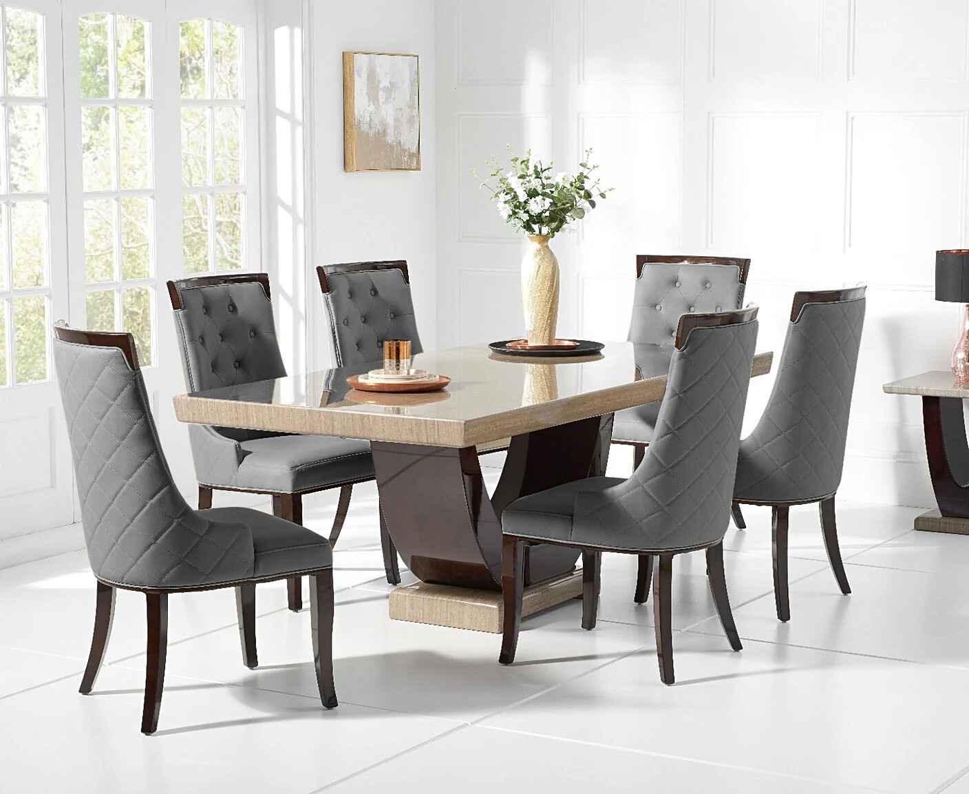 Photo 2 of Novara 170cm brown pedestal marble dining table with 6 grey francesca chairs