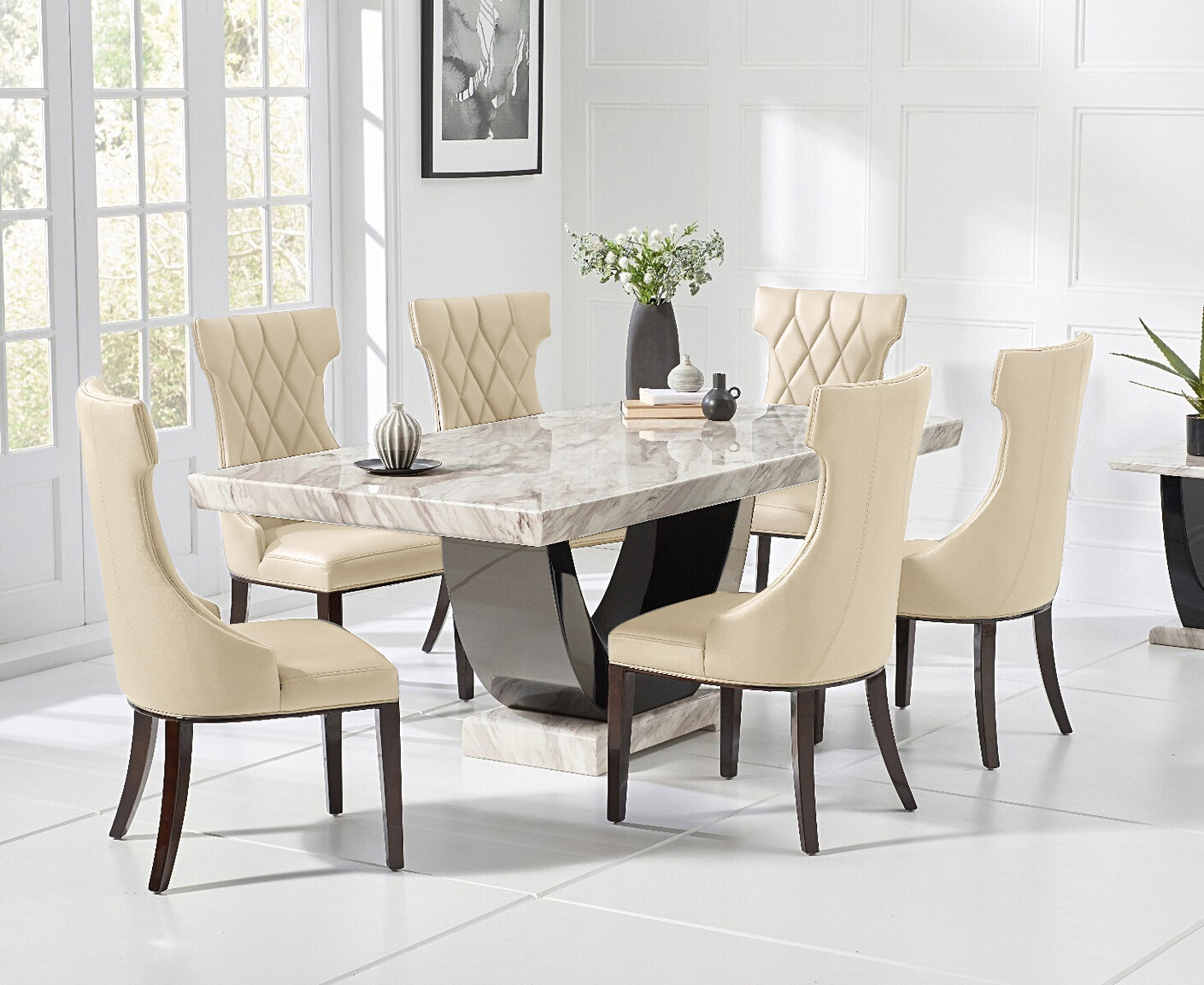 Photo 2 of Raphael 170cm cream and black pedestal marble dining table with 6 cream sophia chairs