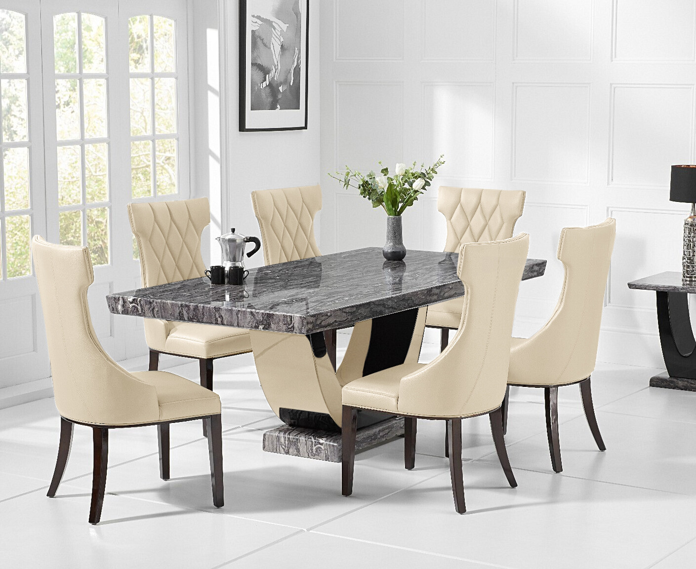 Photo 2 of Raphael 170cm dark grey pedestal marble dining table with 4 cream sophia chairs