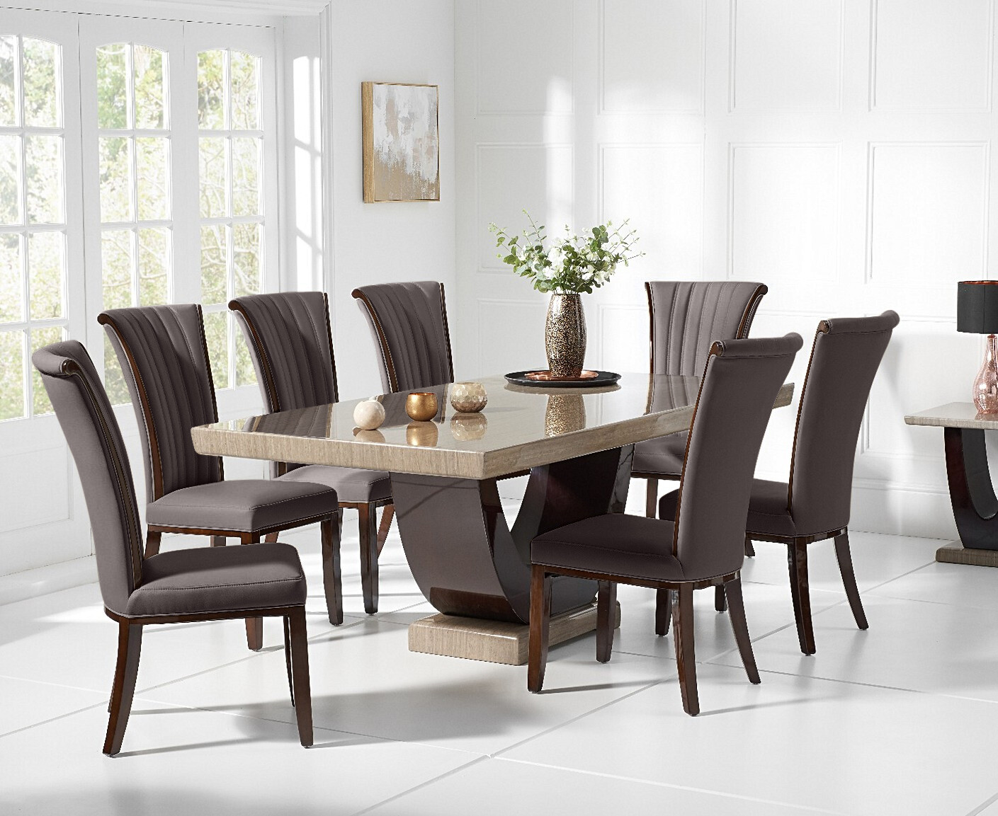 Product photograph of Raphael 200cm Brown Pedestal Marble Dining Table With 6 Brown Alpine Chairs from Oak Furniture Superstore