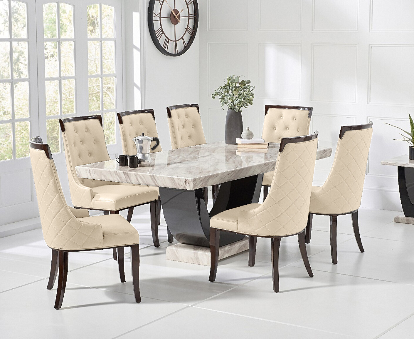 Photo 2 of Novara 200cm cream and black pedestal marble dining table with 10 grey francesca chairs