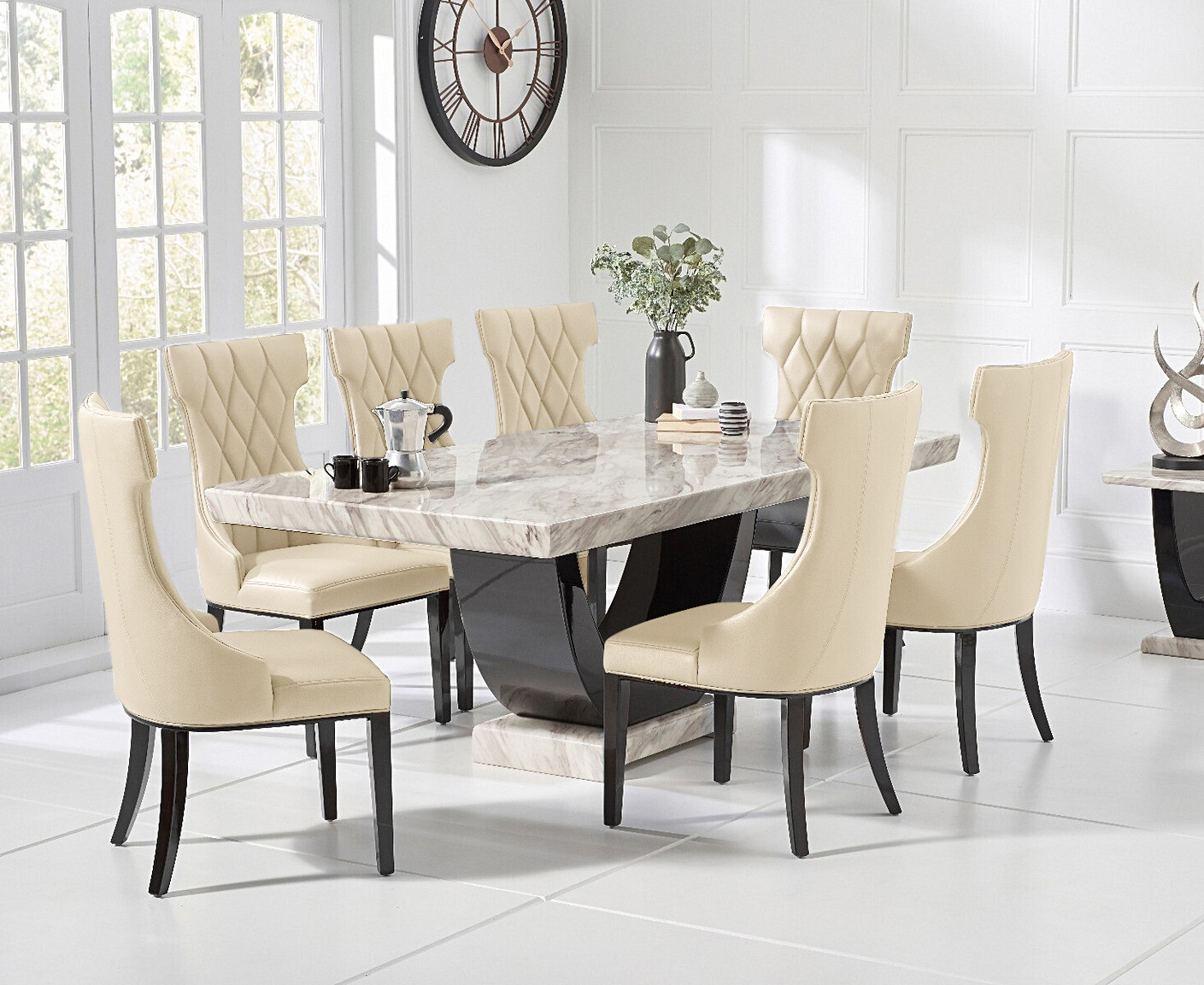 Photo 2 of Novara 200cm cream and black pedestal marble dining table with 10 cream sophia chairs