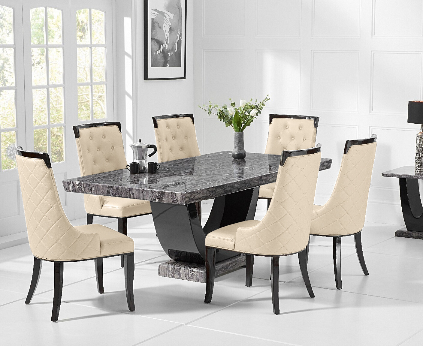 Photo 1 of Raphael 200cm dark grey pedestal marble dining table with 12 grey francesca chairs