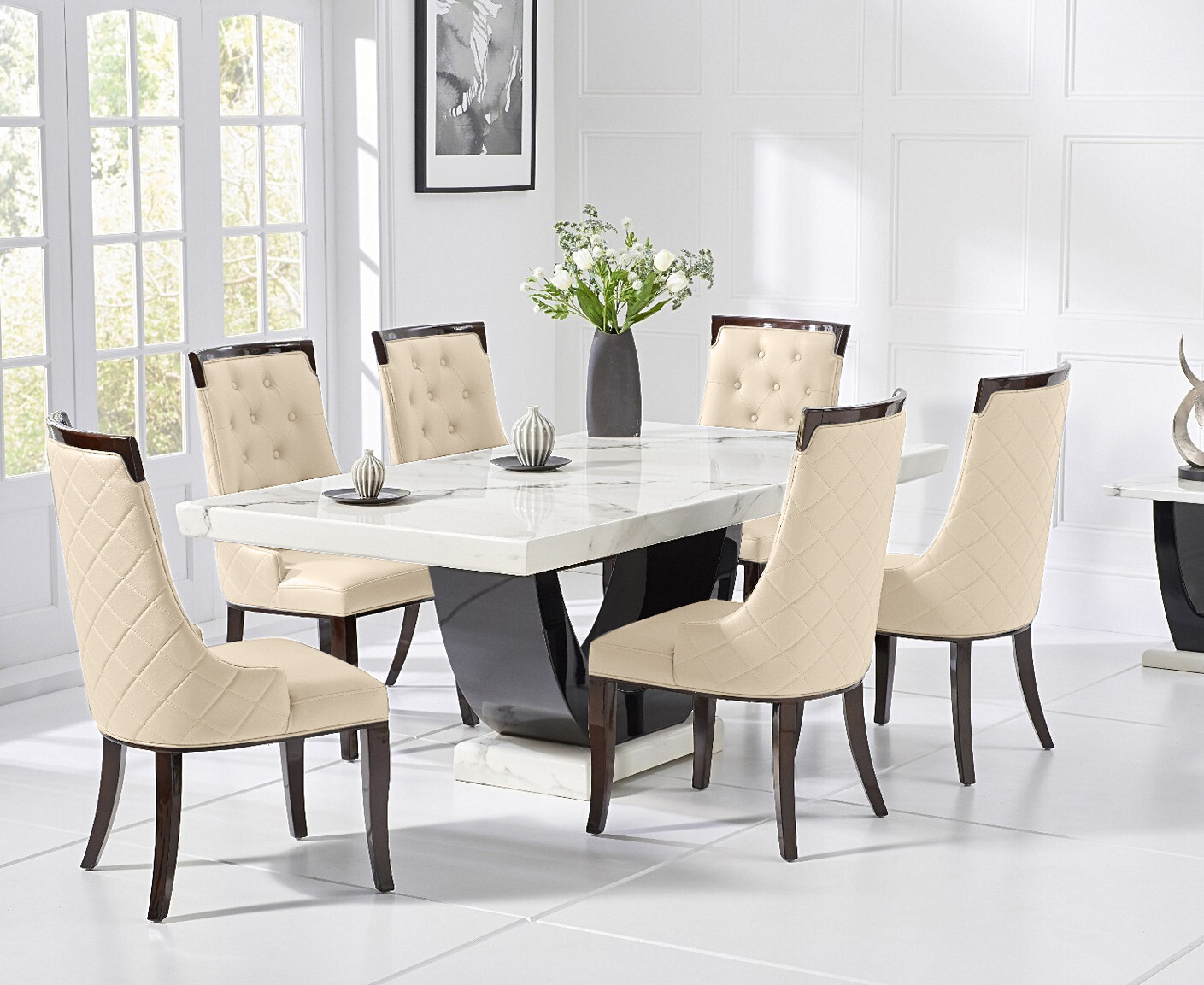 Photo 1 of Raphael 200cm white and black pedestal marble dining table with 12 cream francesca chairs