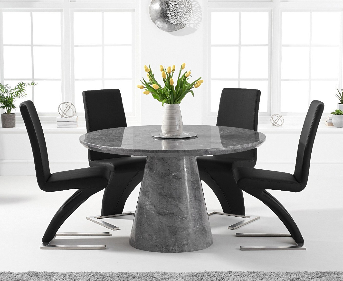 Ravello 130cm Round Grey Marble Dining Table With 4 Black Aldo Chairs
