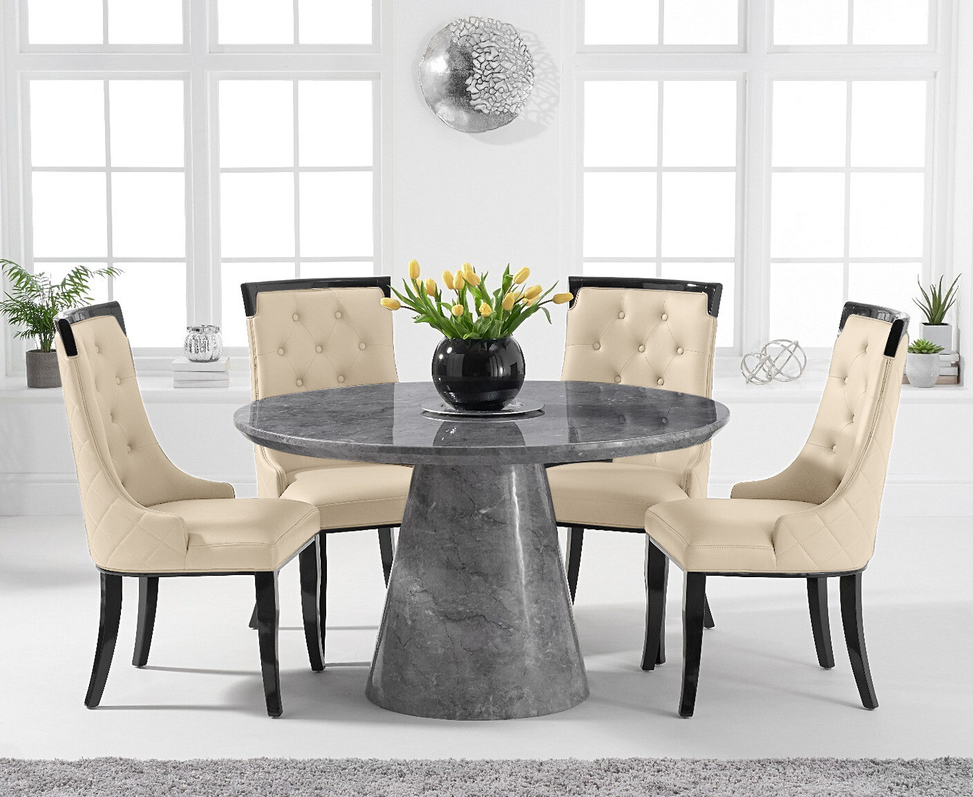 Photo 3 of Ravello 130cm round grey marble dining table with 6 grey francesca chairs