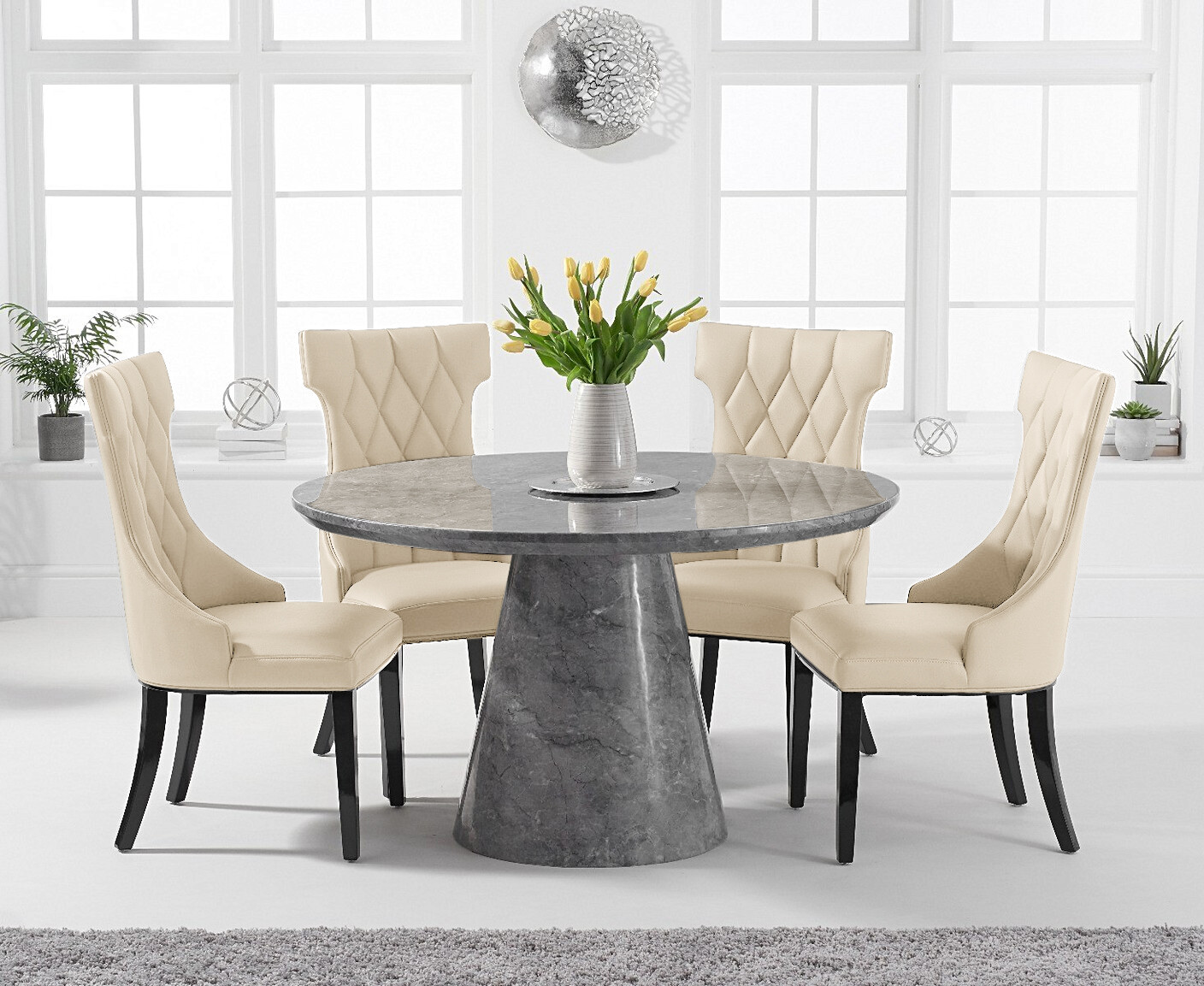 Photo 2 of Ravello 130cm round grey marble dining table with 6 cream sophia chairs