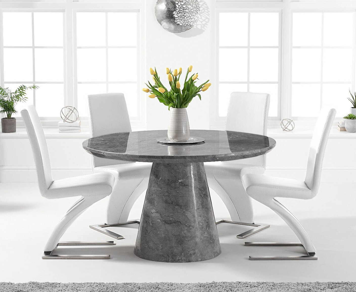 Product photograph of Ravello 130cm Round Grey Marble Dining Table With 6 White Aldo Chairs from Oak Furniture Superstore