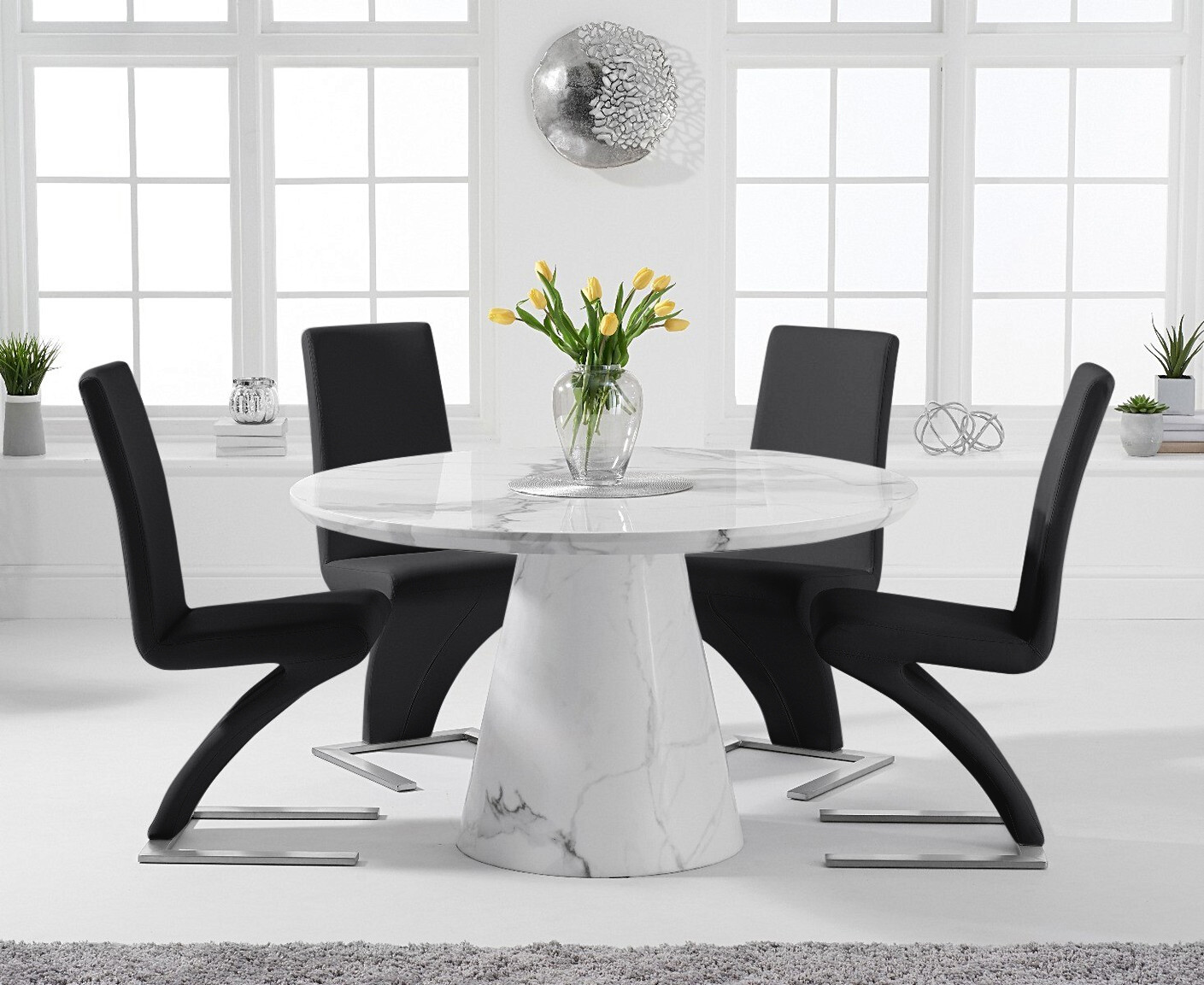Product photograph of Ravello 130cm Round White Marble Dining Table With 6 Black Aldo Chairs from Oak Furniture Superstore