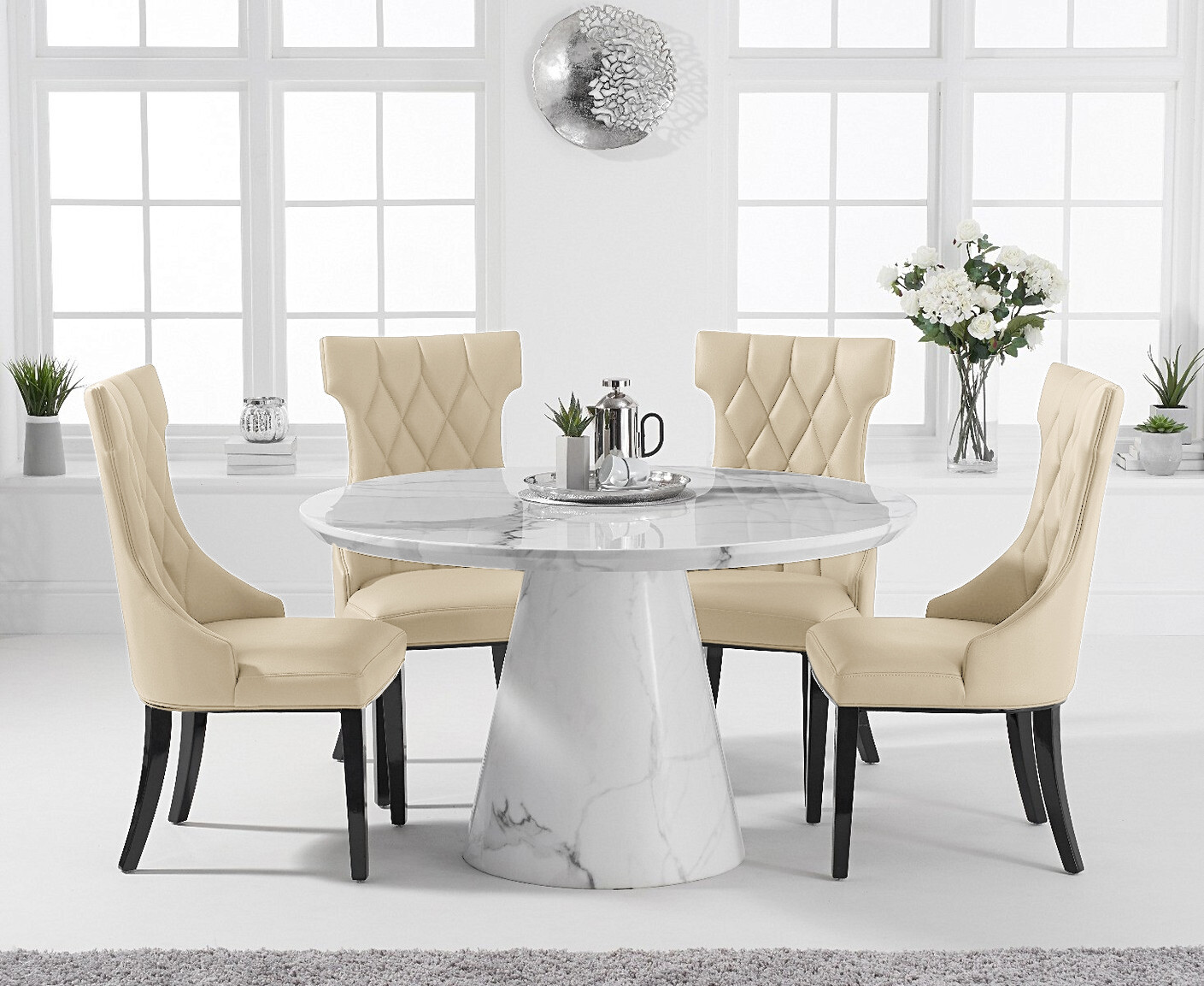 Photo 2 of Ravello 130cm round white marble dining table with 6 cream sophia chairs