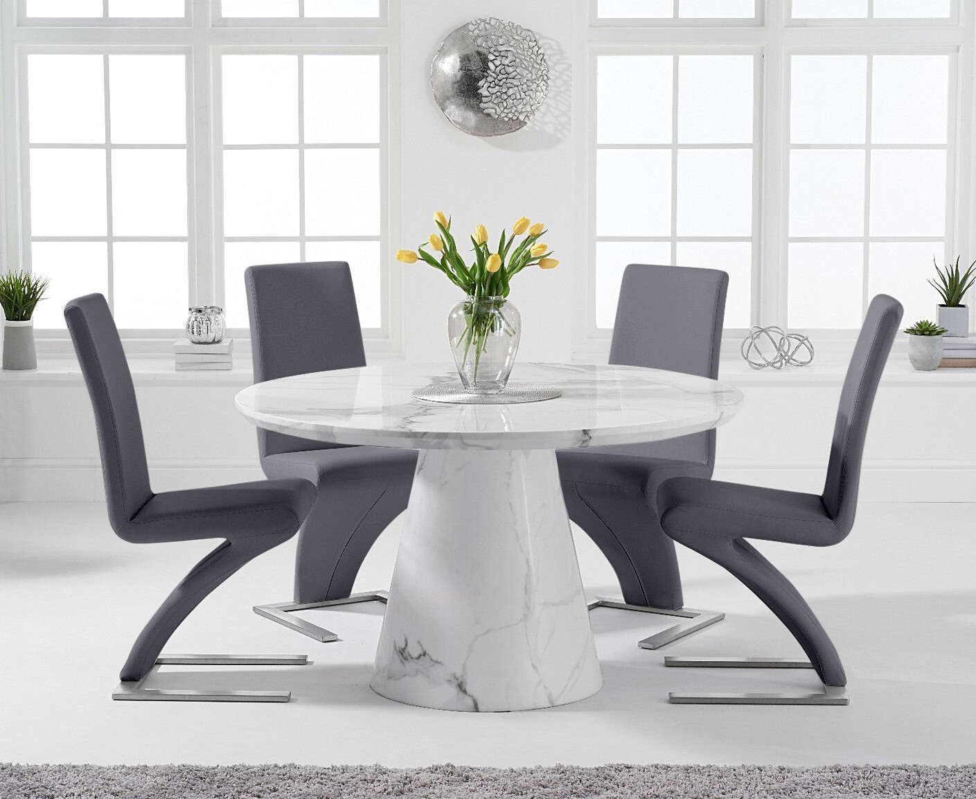 Product photograph of Ravello 130cm Round White Marble Dining Table With 4 Grey Aldo Chairs from Oak Furniture Superstore