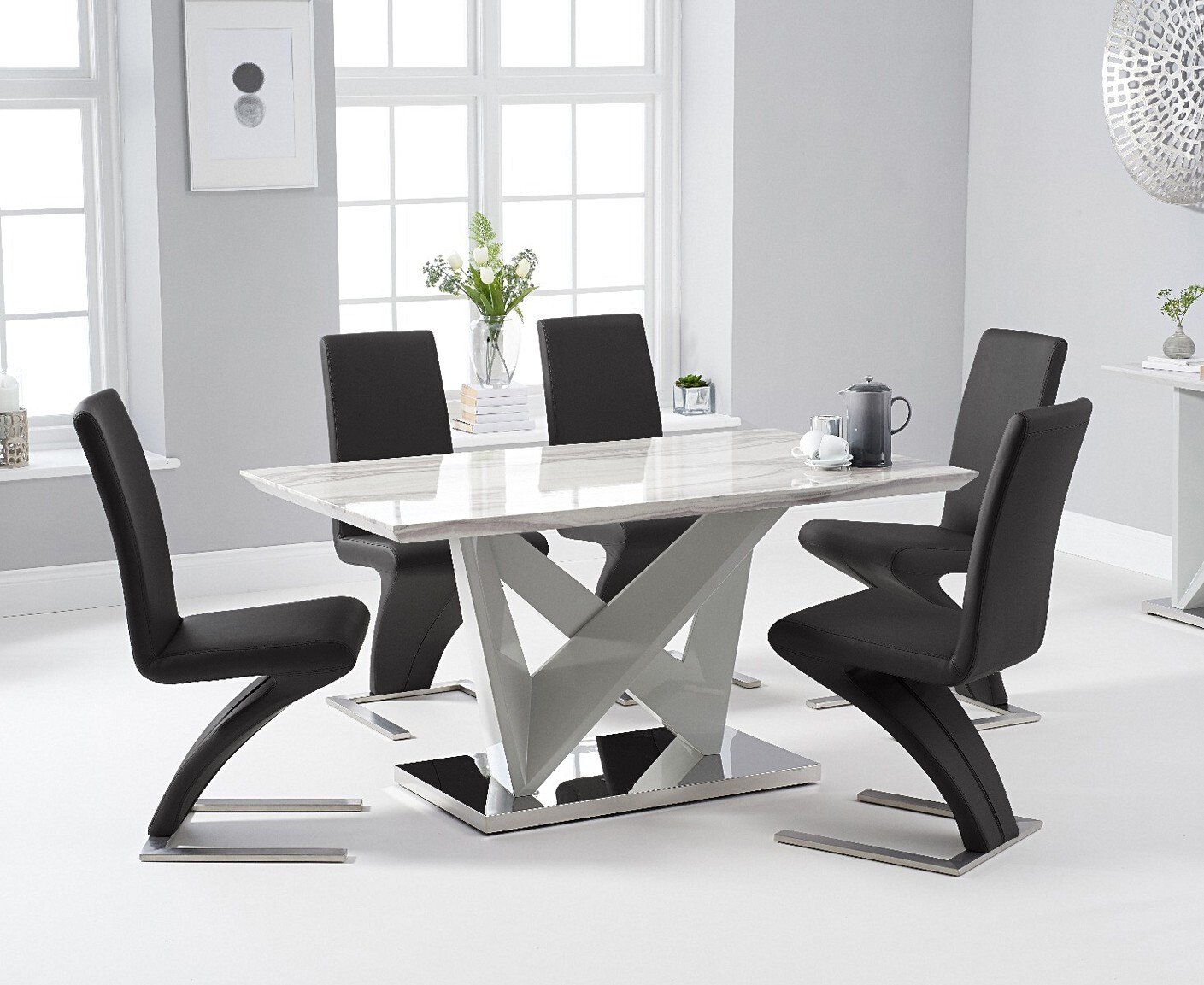 Reims 150cm Marble Effect Carrera Light Grey Dining Table With 4 Black Aldo Chairs