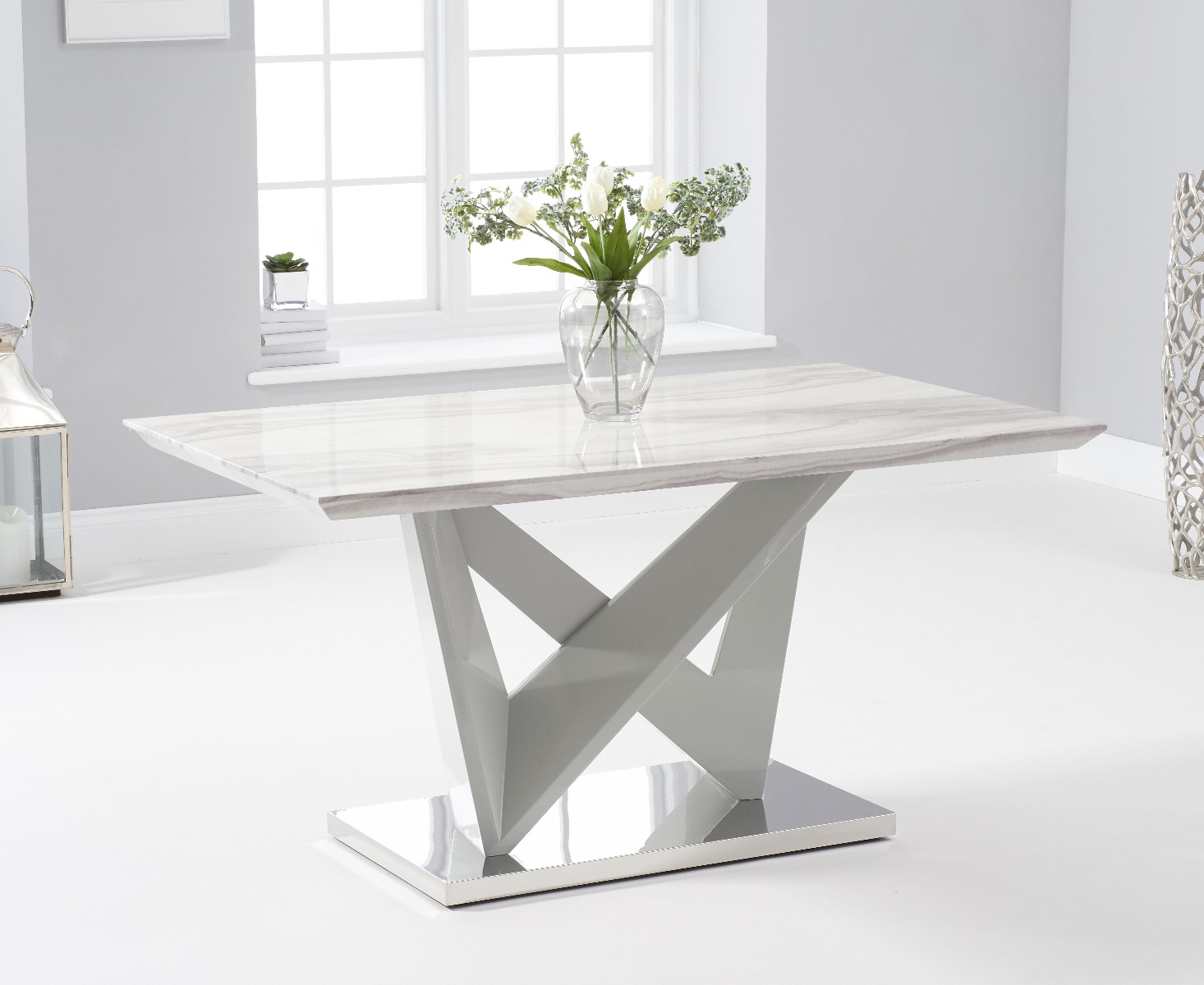 Photo 1 of Reims 150cm marble effect carrera light grey dining table with 6 white aldo chairs