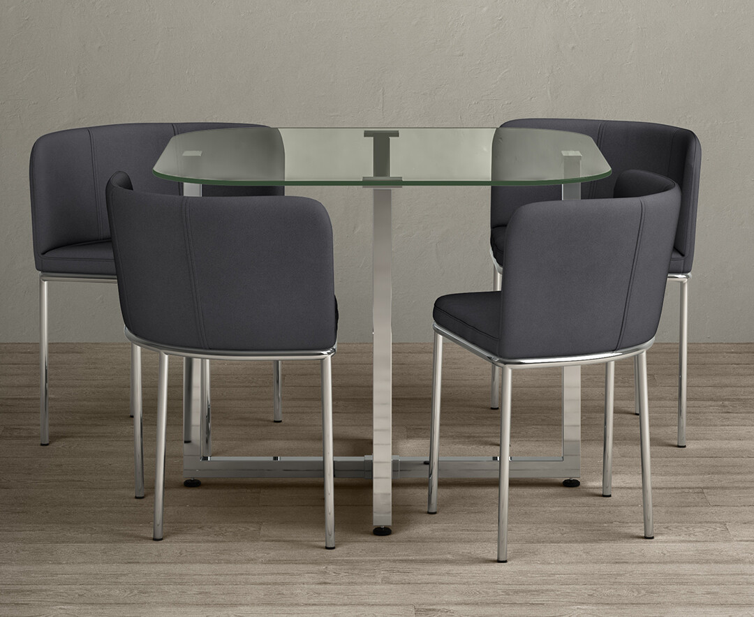 Product photograph of Rhodes Glass Stowaway Dining Table With Grey High Back Stools from Oak Furniture Superstore