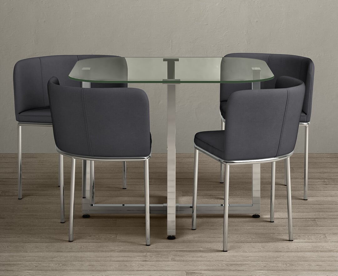 Rhodes Glass Stowaway Dining Table With Grey High Back Stools