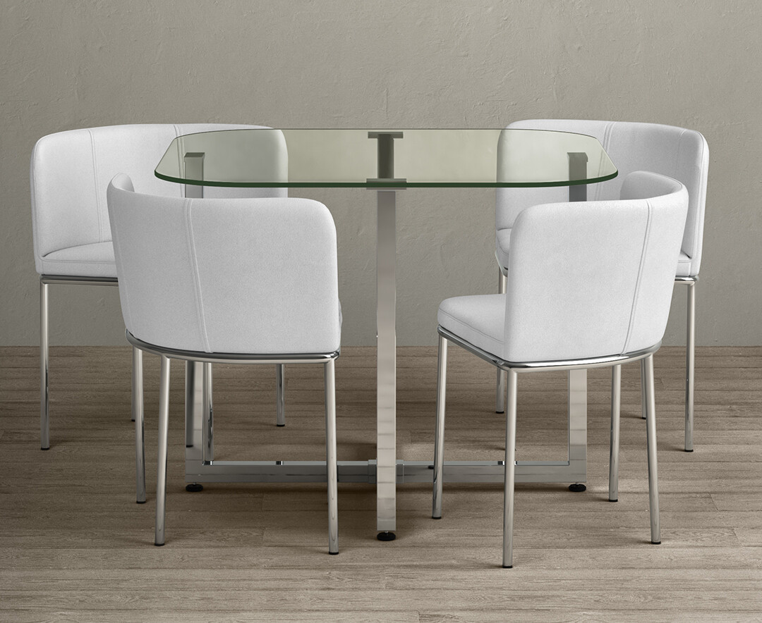 Product photograph of Rhodes Glass Stowaway Dining Table With White High Back Stools from Oak Furniture Superstore