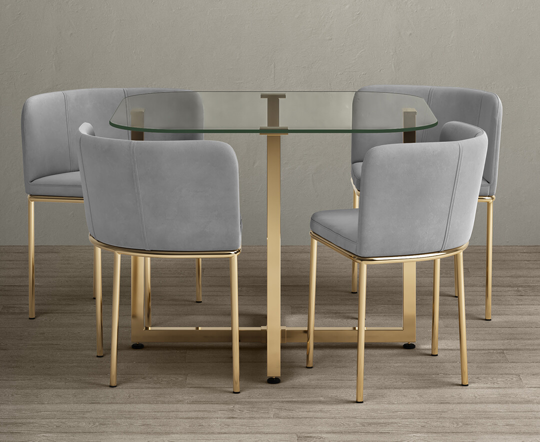 Product photograph of Rhodes Glass Stowaway Dining Table Gold Leg With Grey Velvet High Back Stools from Oak Furniture Superstore