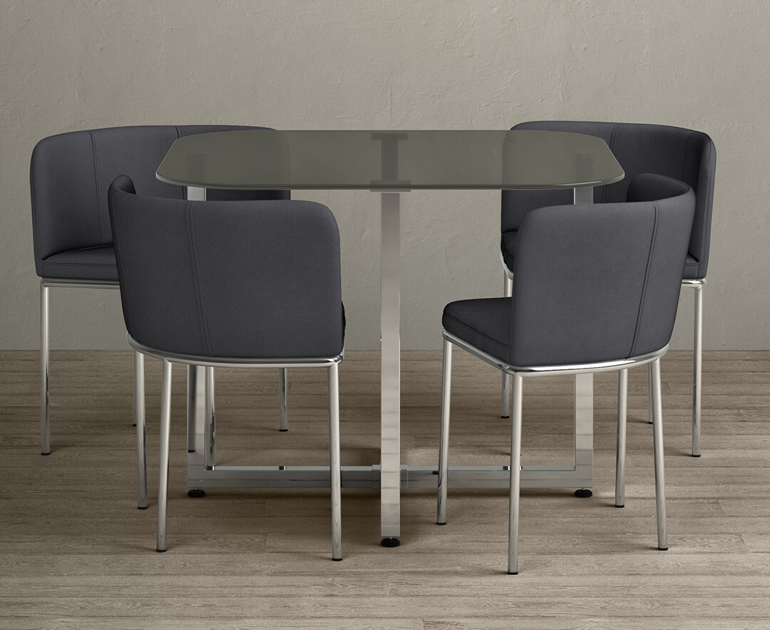 Product photograph of Rhodes Grey Glass Stowaway Dining Table With Grey High Back Stools from Oak Furniture Superstore