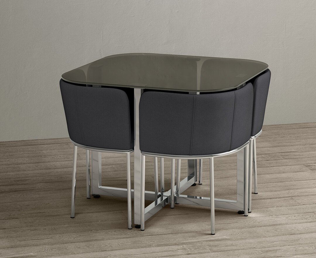 Product photograph of Rhodes Grey Glass Stowaway Dining Table With Grey High Back Stools from Oak Furniture Superstore.
