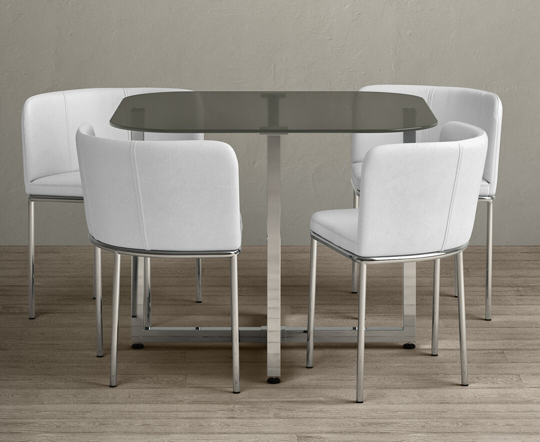 Product photograph of Rhodes Grey Glass Stowaway Dining Table With White High Back Stools from Oak Furniture Superstore