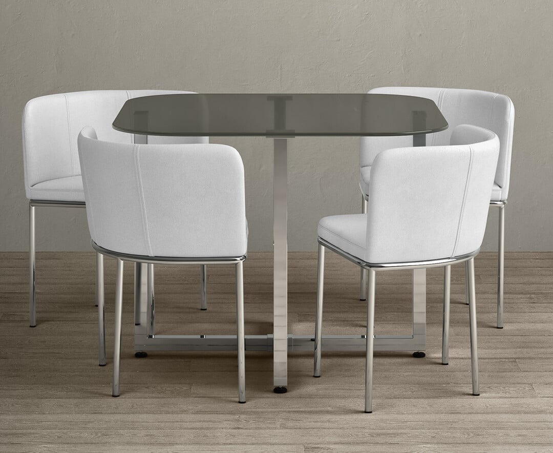 Rhodes Grey Glass Stowaway Dining Table With White High Back Stools