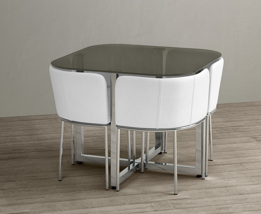 Photo 1 of Rhodes grey glass stowaway dining table with white high back stools