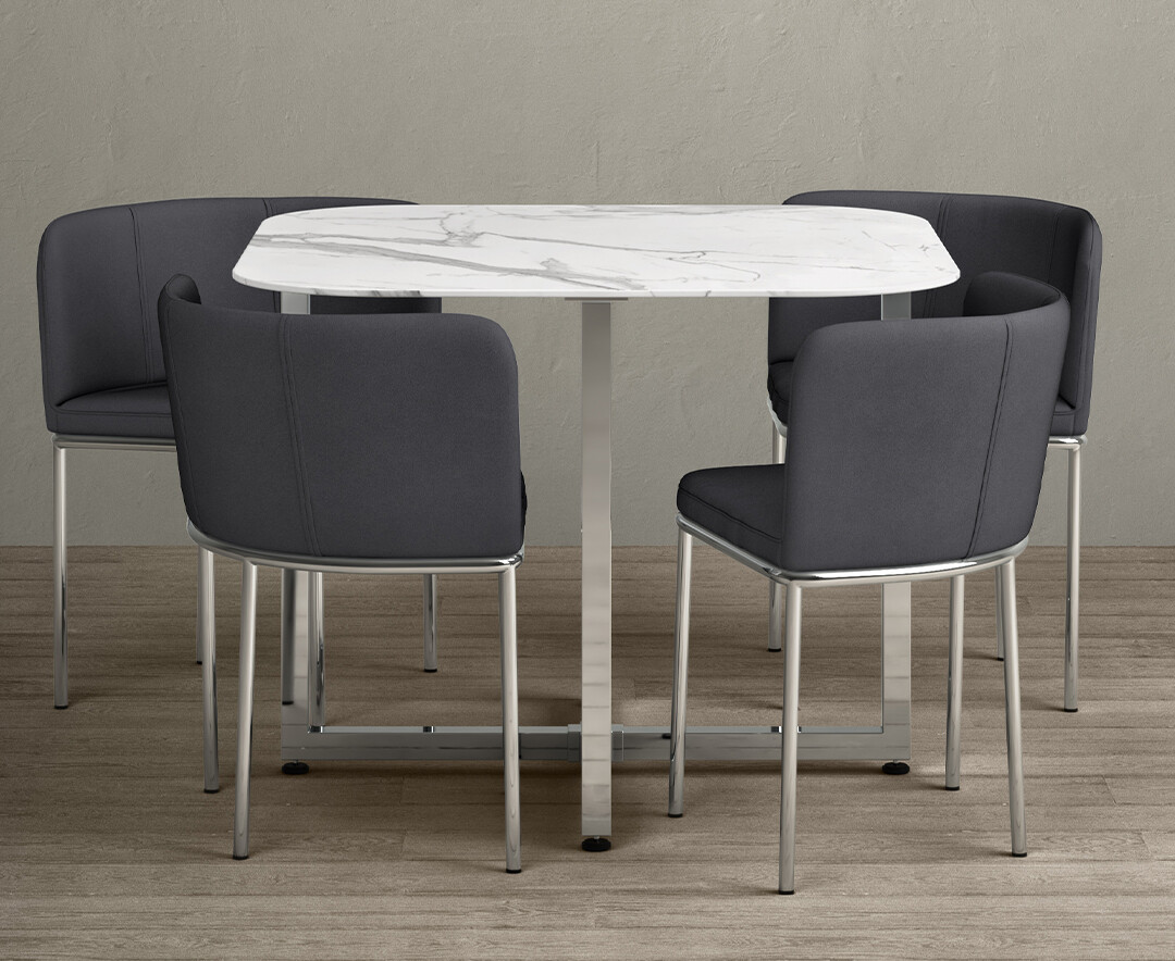 Product photograph of Rhodes White Marble Stowaway Dining Table With Grey High Back Stools from Oak Furniture Superstore