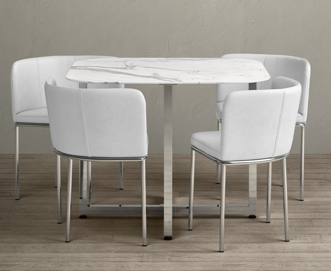 Rhodes White Marble Stowaway Dining Table with White High Back