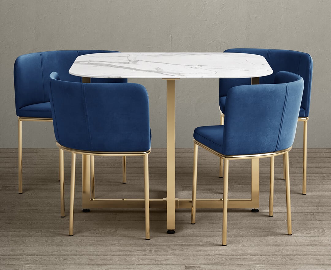 Rhodes White Marble Gold Leg Stowaway Dining Table With Blue Velvet Gold Leg High Back Stools