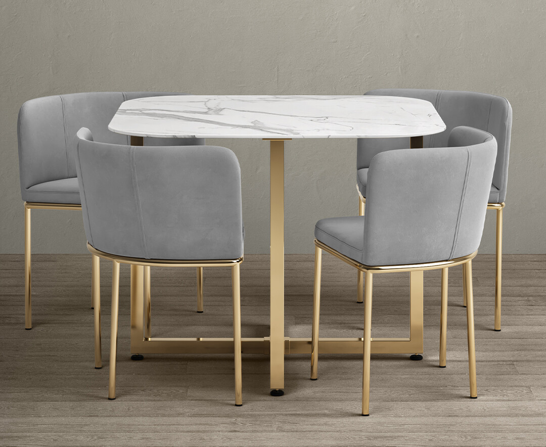 Product photograph of Rhodes White Marble Gold Leg Stowaway Dining Table With Grey Velvet Gold Leg High Back Stools from Oak Furniture Superstore