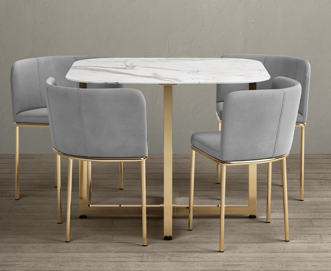 Product photograph of Rhodes White Marble Gold Leg Stowaway Dining Table With Grey Velvet Gold Leg High Back Stools from Oak Furniture Superstore