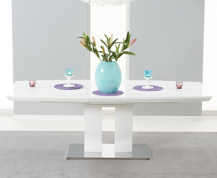 Photo 1 of Extending richmond 180cm white high gloss dining table with 4 grey aldo chairs