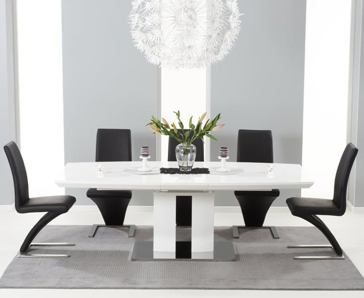 Extending Richmond 180cm White High Gloss Dining Table With 8 Black Aldo Chairs