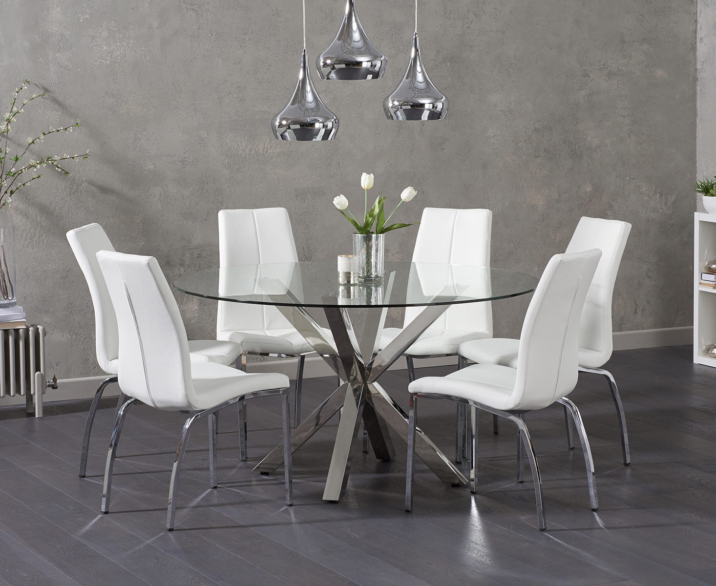 Product photograph of Rodin 135cm Round Glass Dining Table With 6 Ivory White Marco Chairs from Oak Furniture Superstore