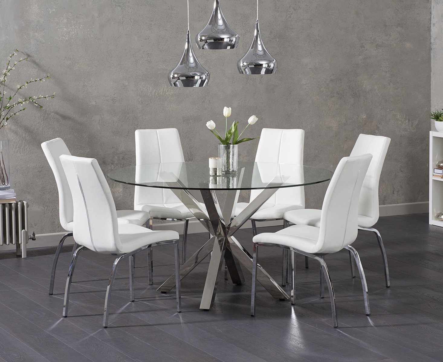 Rio Round Glass Dining Table With 4 Grey Marco Chairs