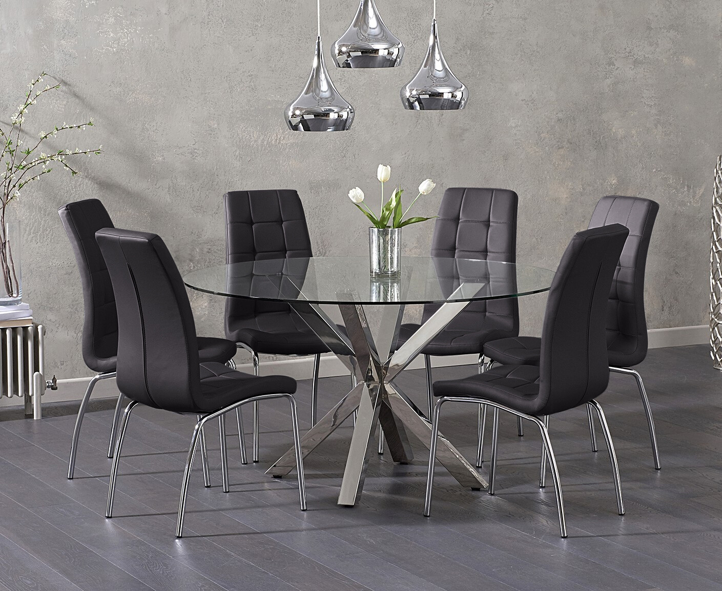 Product photograph of Rodin Round Glass Dining Table With 4 Cream Enzo Chairs from Oak Furniture Superstore