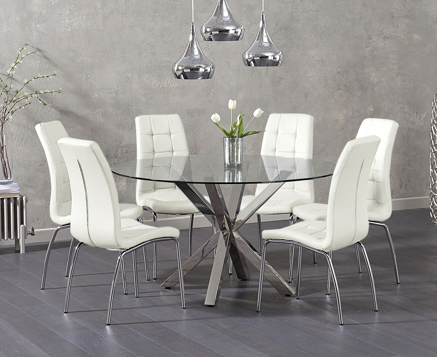 Photo 2 of Rodin round glass dining table with 4 white enzo chairs
