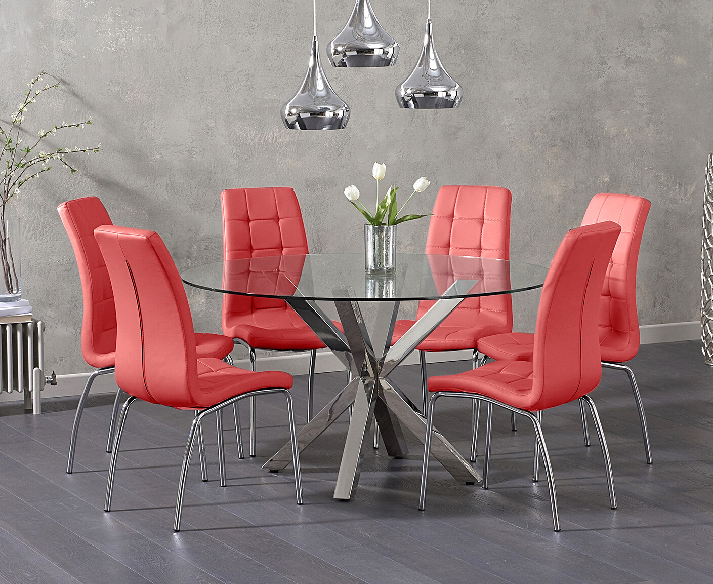 Photo 2 of Rodin 135cm round glass dining table with 6 red enzo chairs
