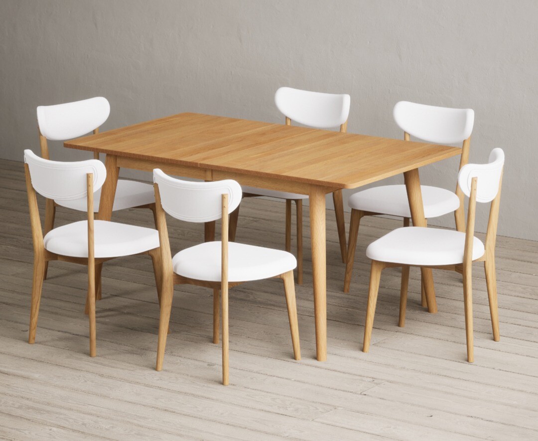 Product photograph of Extending Ruben 150cm Retro Oak Dining Table With 6 White Nordic Chairs from Oak Furniture Superstore