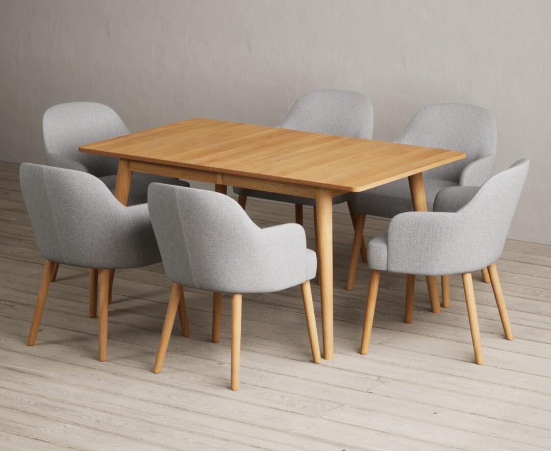 Product photograph of Extending Ruben 150cm Retro Oak Dining Table With 10 Light Grey Oliver Chairs from Oak Furniture Superstore